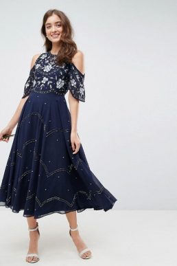 ASOS WEDDING Embellished Cold Shoulder Midi Dress, Navy