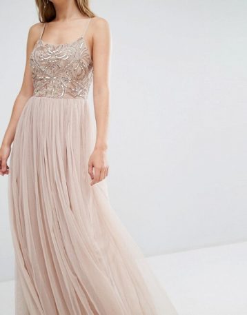 Maya Cami Strap Maxi Dress with Tulle Skirt and Embellishment, Blush/Pink