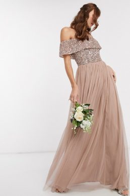 Maya Bridesmaid bardot maxi tulle dress with tonal delicate sequins in taupe blush