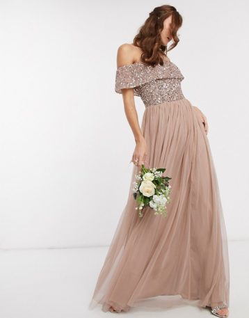 Maya Bridesmaid bardot maxi tulle dress with tonal delicate sequins in taupe blush