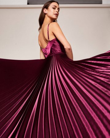 Ted Baker EFRONA Pleated Satin Maxi Dress, Deep Purple - Image 4