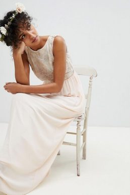 TFNC Maxi Bridesmaid Dress With Soft Floral Sequin Top, Nude/Ivory