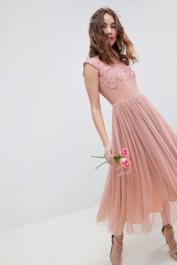 ASOS DESIGN Bridesmaid Embroidered Mesh Midi Dress Dusty Pink