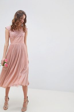 ASOS DESIGN Bridesmaid Embroidered Mesh Midi Dress Dusty Pink