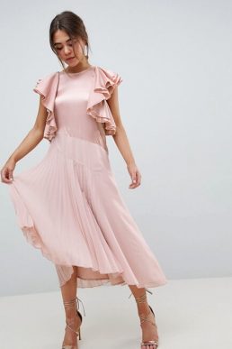 ASOS DESIGN Pleated Midi Dress With Ruffle Sleeve Pink