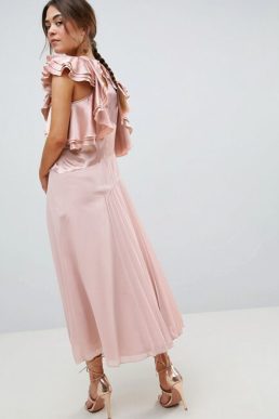 ASOS DESIGN Pleated Midi Dress With Ruffle Sleeve Pink