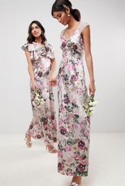 ASOS DESIGN Bridesmaid Lace Insert Maxi Dress Pretty Floral Print Pink Multi