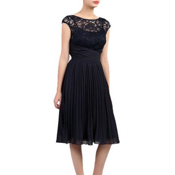Jolie Moi Lace Bodice Pleated Short Bridesmaid Dress Navy Blue myonewedding