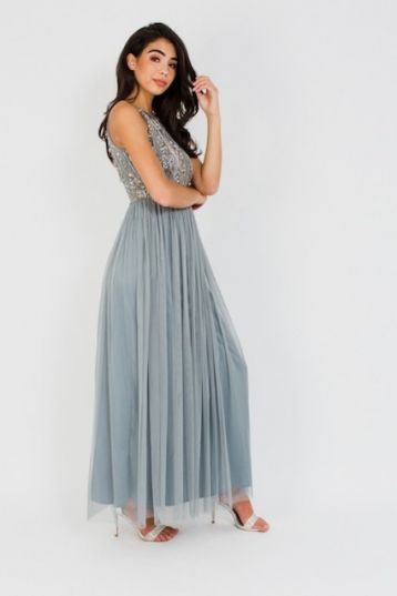Lace & Beads Abelle Grey Maxi Dress Mint Green