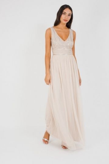 Lace & Beads Mulan Nude Maxi Dress Neutral Cream