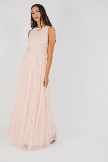 Lace & Beads Picasso Embellished Maxi Bridesmaid Dress Pink