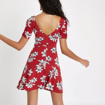 River Island Floral Twist Front Skater Dress Red White