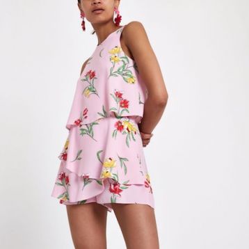 River Island Floral Tiered Frill Sleeveless Playsuit Pink Multi