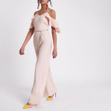 River Island Light Cold Shoulder Belted Jumpsuit Pale Pink Blush