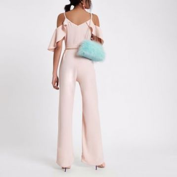 River Island Light Cold Shoulder Belted Jumpsuit Pale Pink Blush