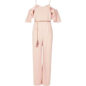 River Island Light Cold Shoulder Belted Jumpsuit Pale Pink Blush