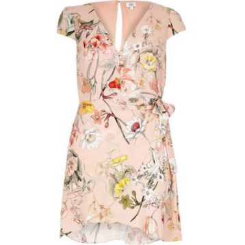 River Island Pink Floral Wrap Tie Side Mini Dress Multi Nude