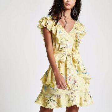 River Island Yellow Floral Frill Tie Waist Dress Multi