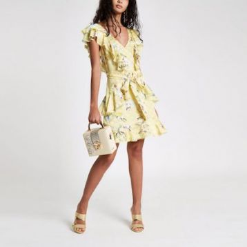 River Island Yellow Floral Frill Tie Waist Dress Multi