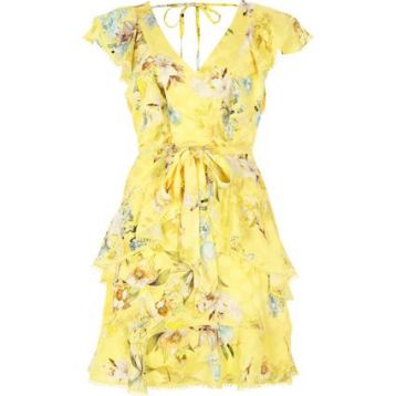 River Island Yellow Floral Frill Tie Waist Dress Multi