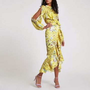 River Island Yellow Floral Frill Wrap Midi Skirt Yellow Multi