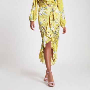 River Island Yellow Floral Frill Wrap Midi Skirt Yellow Multi