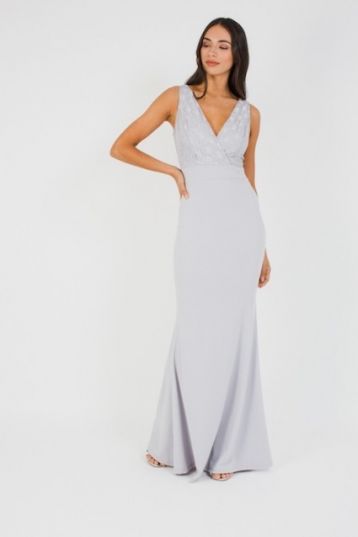 WalG Deep V Grey Lace Maxi Bridesmaid Dress Silver