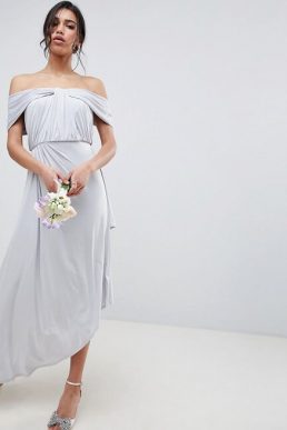 ASOS DESIGN Bridesmaid Ruched Knot Front Maxi Dress Ice Grey Silver