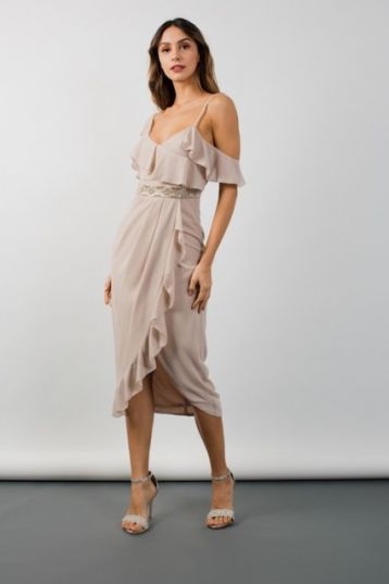 TFNC Elsa Wrap Midi Taupe Dress Nude Neutral