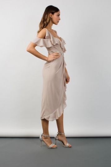 TFNC Elsa Wrap Midi Taupe Dress Nude Neutral