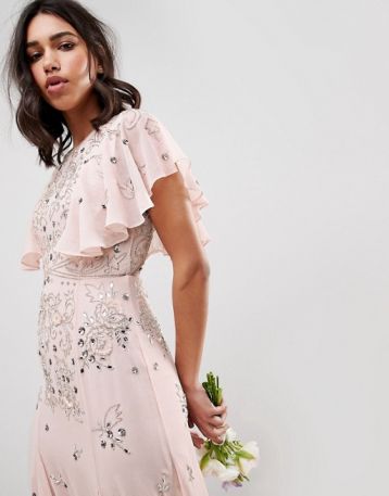 ASOS DESIGN Bridesmaid Embellished Sleeve Maxi Dress Blush Pink