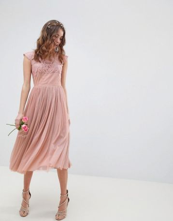 ASOS DESIGN Bridesmaid Embroidered Midi Dress, Rose Pink - Image 3