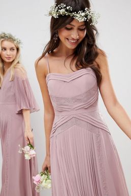 ASOS DESIGN Bridesmaid Pleated Panelled Cami Maxi Dress With Lace Inserts Dusty Pink