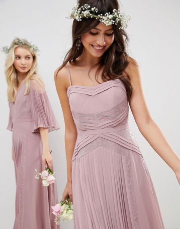 ASOS DESIGN Bridesmaid Pleated Panelled Cami Maxi Dress With Lace Inserts Dusty Pink