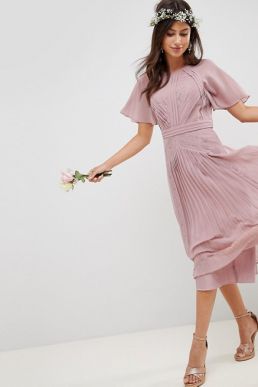 ASOS DESIGN Bridesmaid Pleated Midi Lace Dress Pink