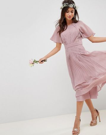 ASOS DESIGN Bridesmaid Pleated Midi Lace Dress Pink