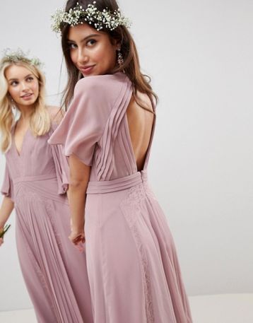 ASOS DESIGN Bridesmaid Pleated Midi Lace Dress Pink