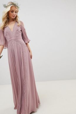 ASOS DESIGN Bridesmaid Lace pleated sleeve maxi dress Pink