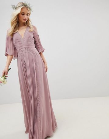 ASOS DESIGN Bridesmaid Lace pleated sleeve maxi dress Pink