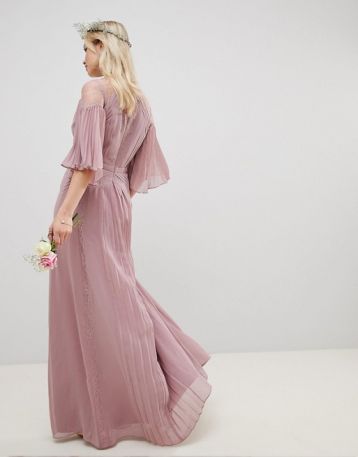 ASOS DESIGN Bridesmaid Lace pleated sleeve maxi dress Pink