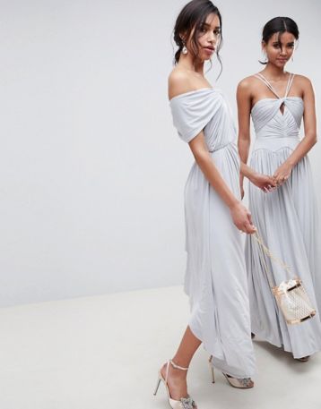 ASOS DESIGN Bridesmaid Ruched Knot Maxi Dress, Grey/Silver - Image 3