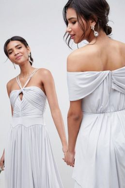 ASOS DESIGN Bridesmaid Ruched Knot Maxi Dress Grey Silver