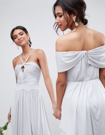 ASOS DESIGN Bridesmaid Ruched Knot Maxi Dress Grey Silver