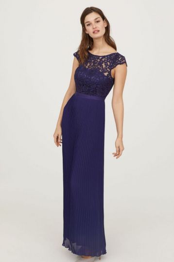 H&M Lace Pleated Maxi Bridesmaid Dress Dark Blue