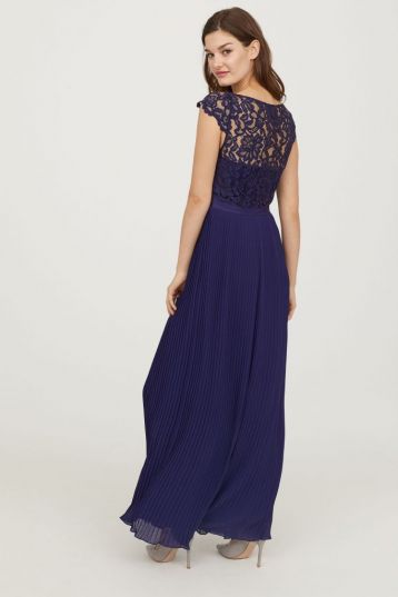 H&M Lace Pleated Maxi Bridesmaid Dress Dark Blue