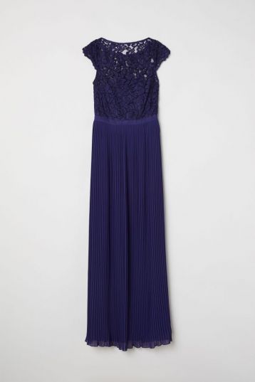 H&M Lace Pleated Maxi Bridesmaid Dress Dark Blue