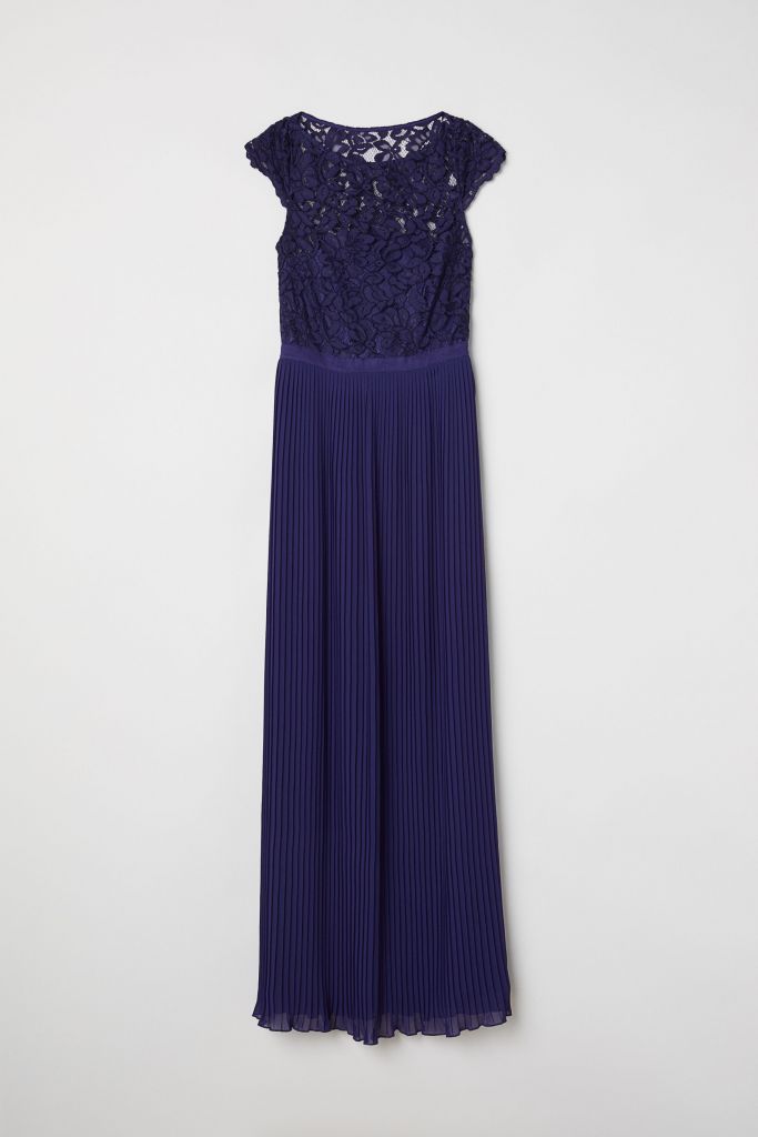 H&M Lace Pleated Maxi Bridesmaid Dress, Lilac/Pale Blue 