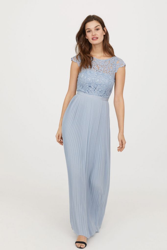 H&M Lace Pleated Maxi Bridesmaid Dress, Lilac/Pale Blue 