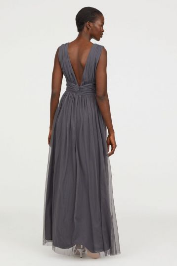 H&M V-Neck Bridesmaid Mesh Maxi Dress Dark Grey