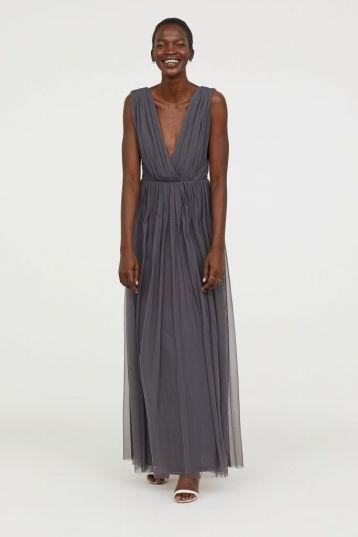 H&M V-Neck Bridesmaid Mesh Maxi Dress Dark Grey